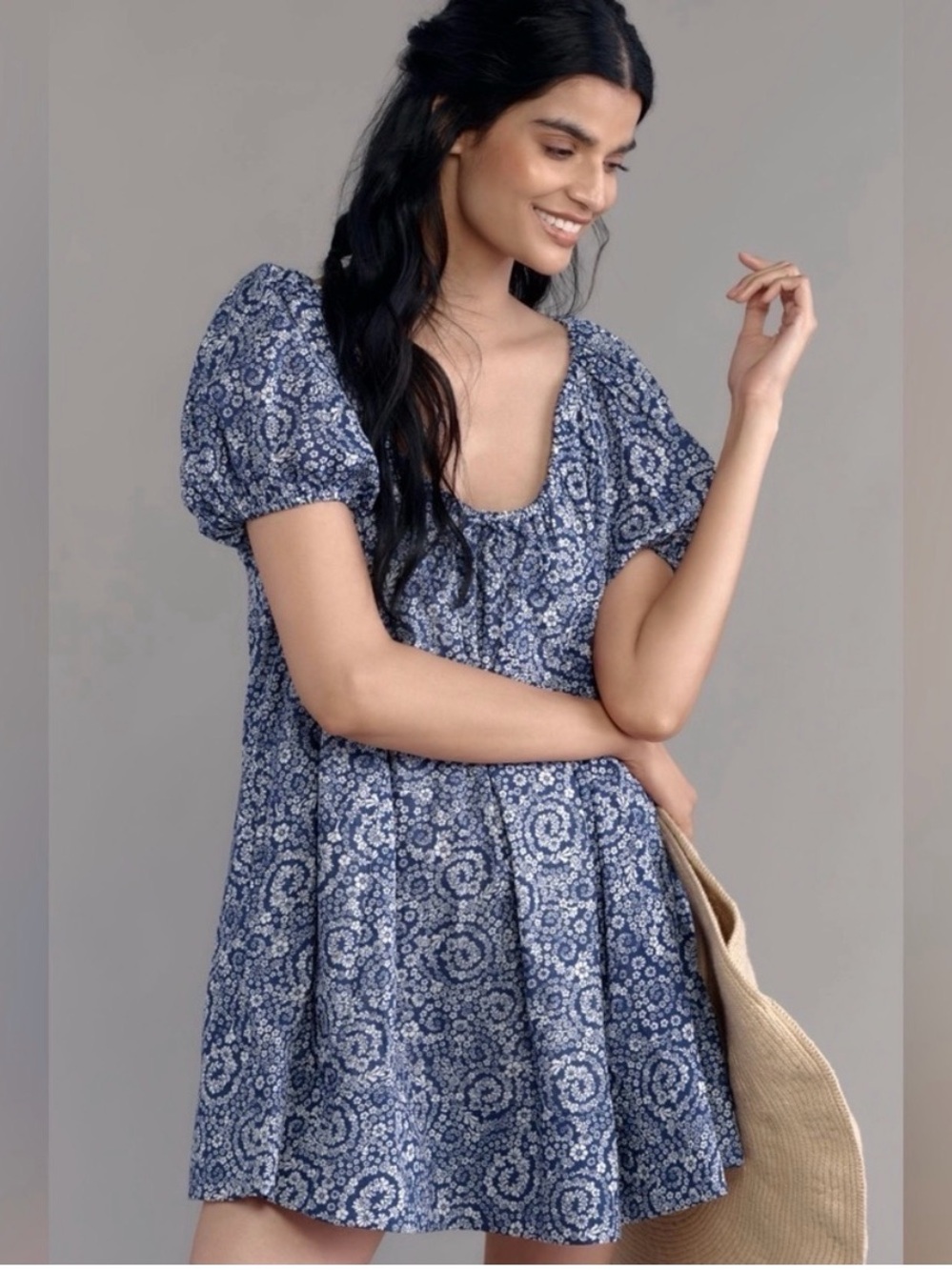 Anthropologie Maeve Scoop-Neck Mini Swing Dress Blue Ditsy Floral Size Large
